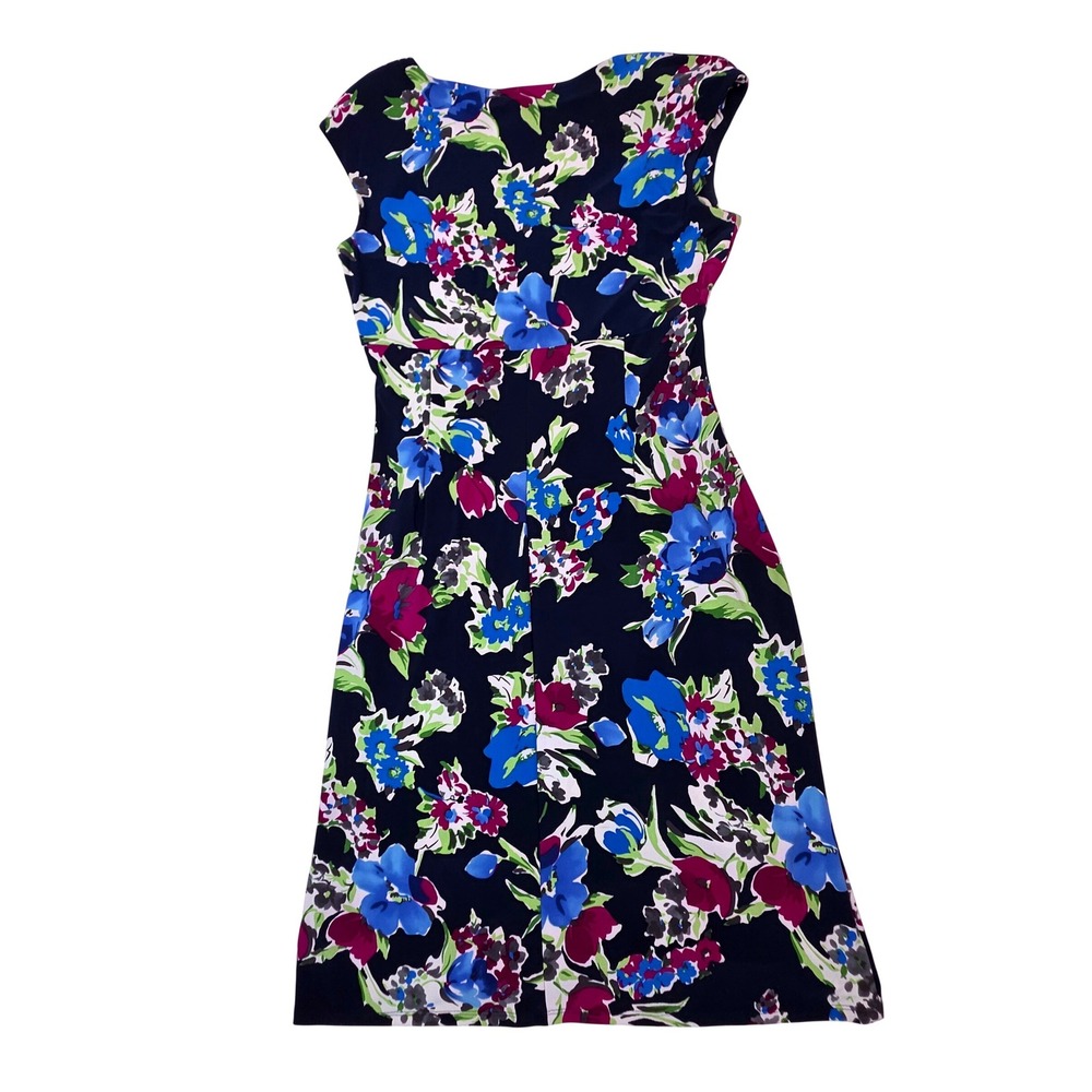 Lauren Ralph Lauren Navy Blue Floral Ruched V-Neck Sheath Dress Womens 10 - Picture 3 of 9